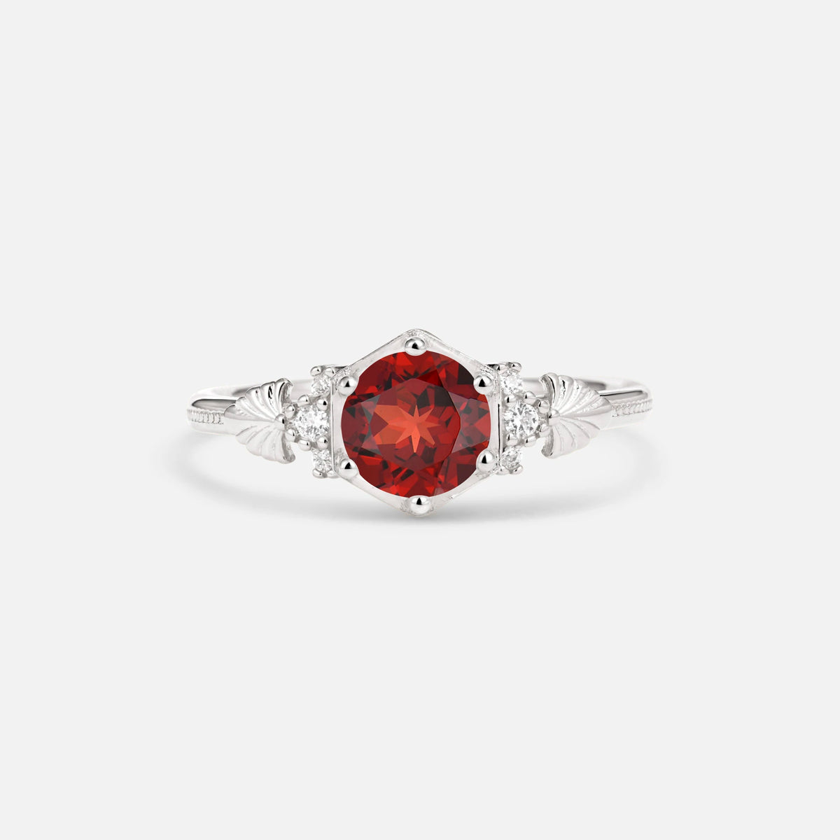 Round Cut Garnet Engagement Ring with Floral Side Stone Detail - Additional view