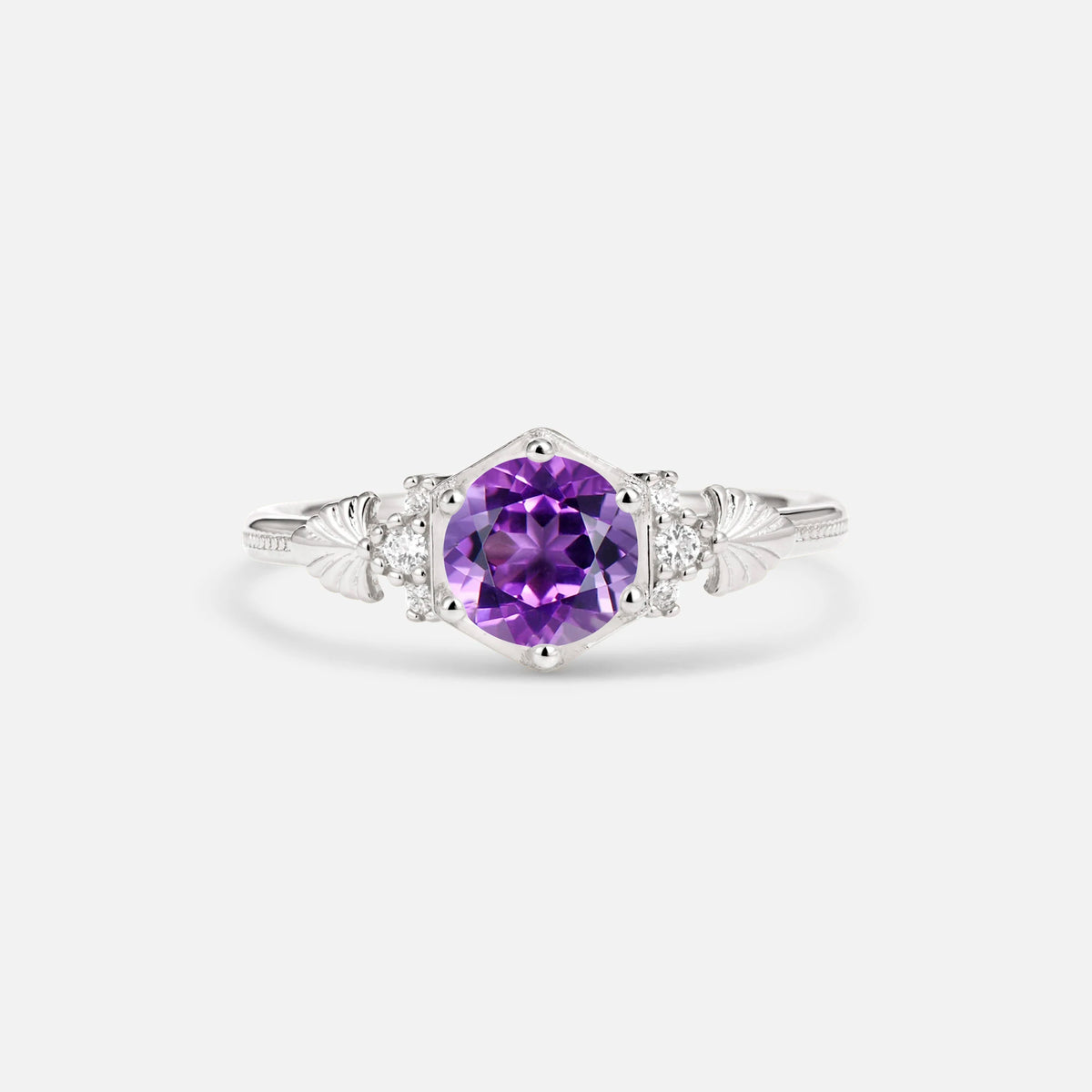 Round Cut Amethyst Engagement Ring with Floral Side Stone Detail - Additional view