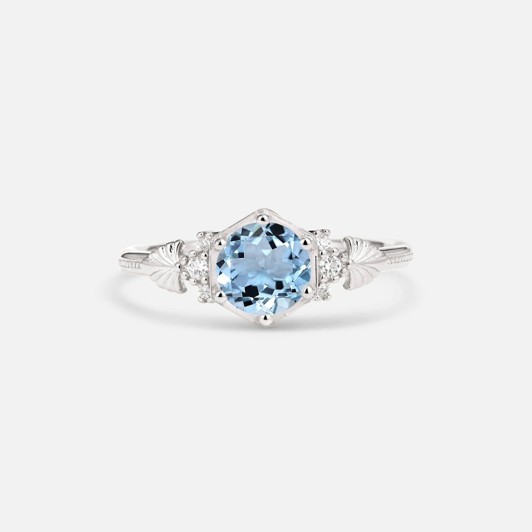 Round Cut Aquamarine Engagement Ring with Floral Side Stone Detail - Additional view