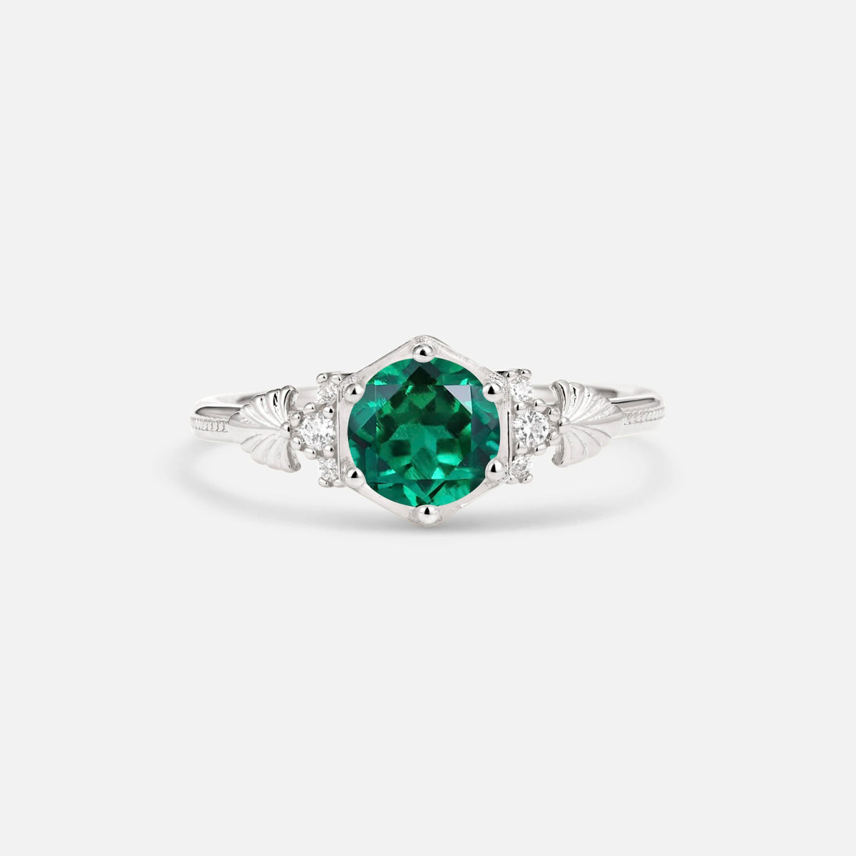 Round Cut Emerald Engagement Ring with Floral Side Stone Detail - Additional view