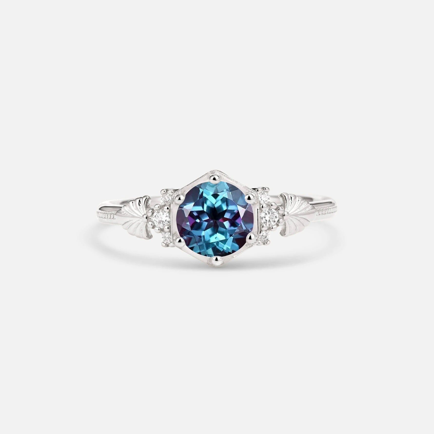 Round Cut Alexandrite Engagement Ring with Floral Side Stone Detail - Additional view