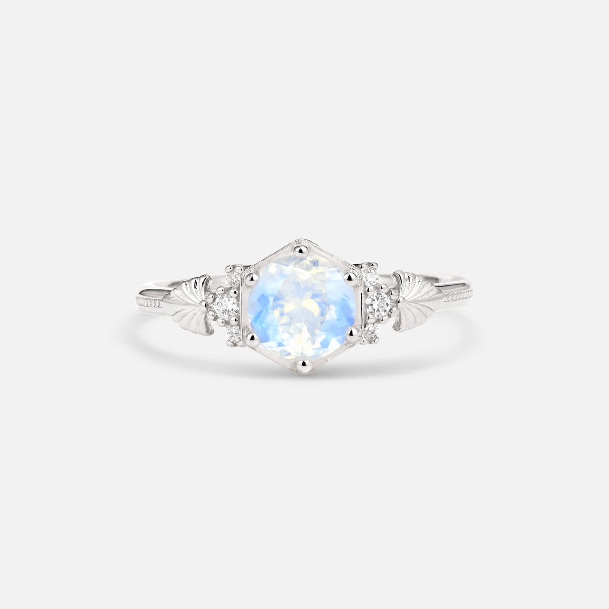 Round Cut Moonstone Engagement Ring with Floral Side Stone Detail - Additional view