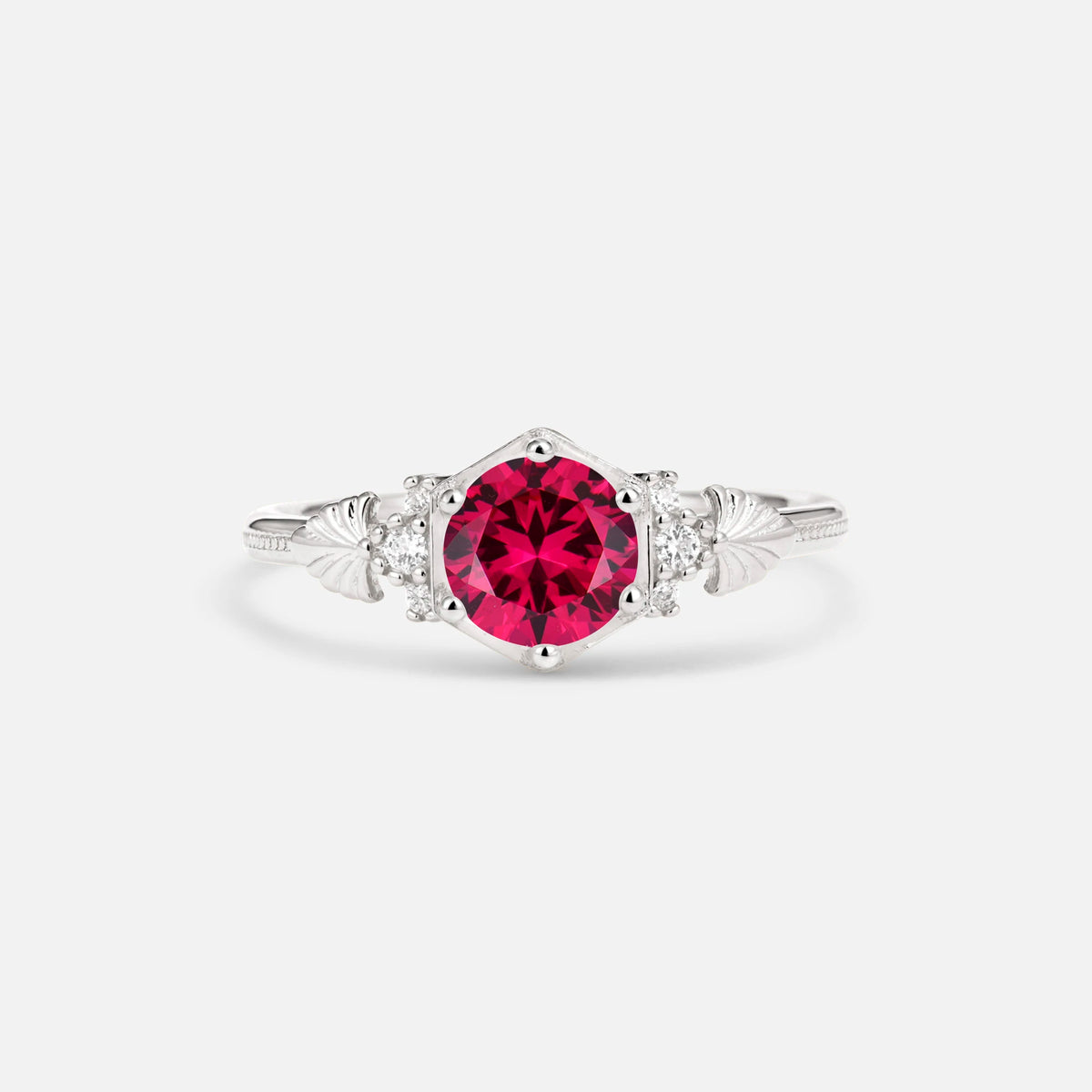 Round Cut Ruby Engagement Ring with Floral Side Stone Detail - Additional view