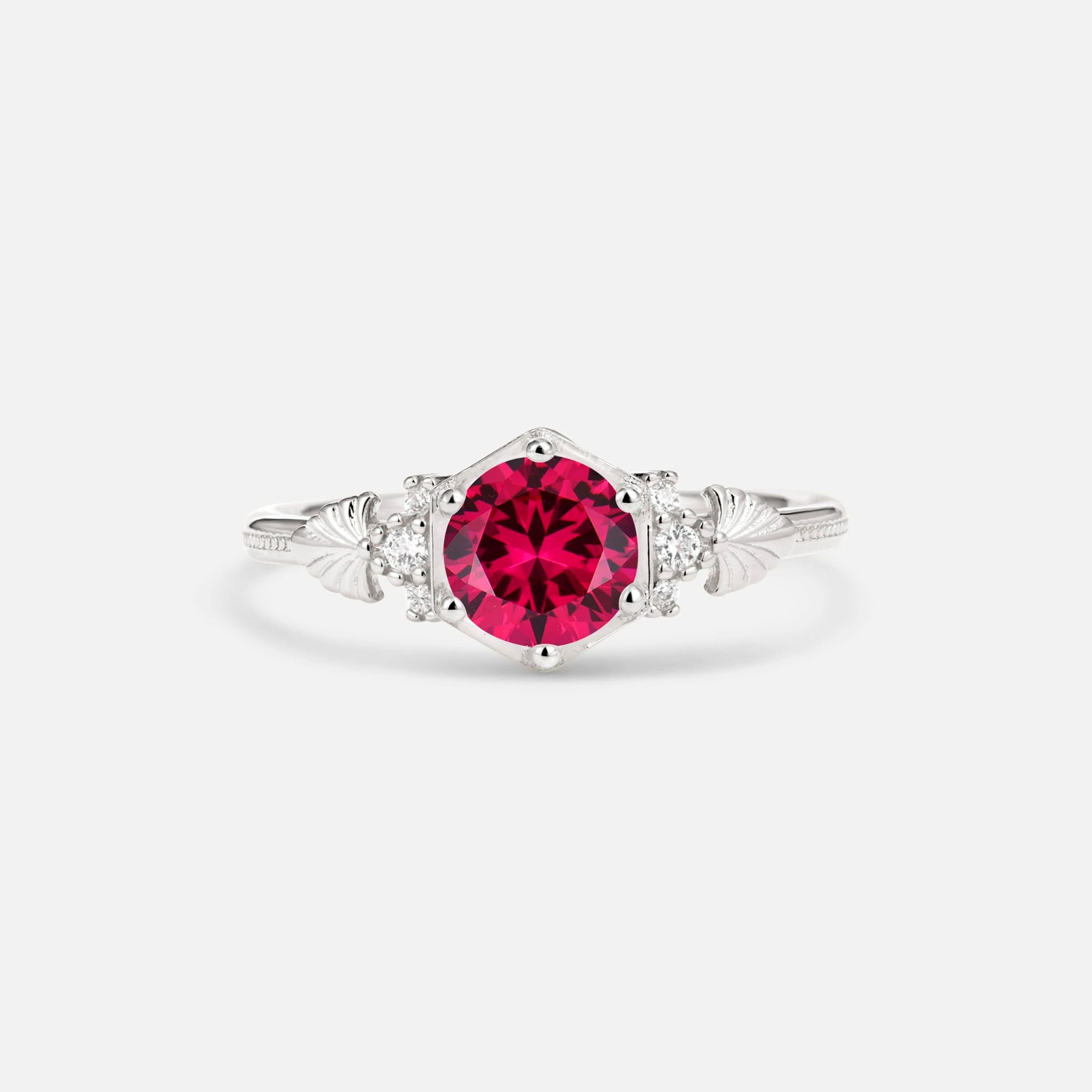 Round Cut Ruby Engagement Ring with Floral Side Stone Detail - Additional view