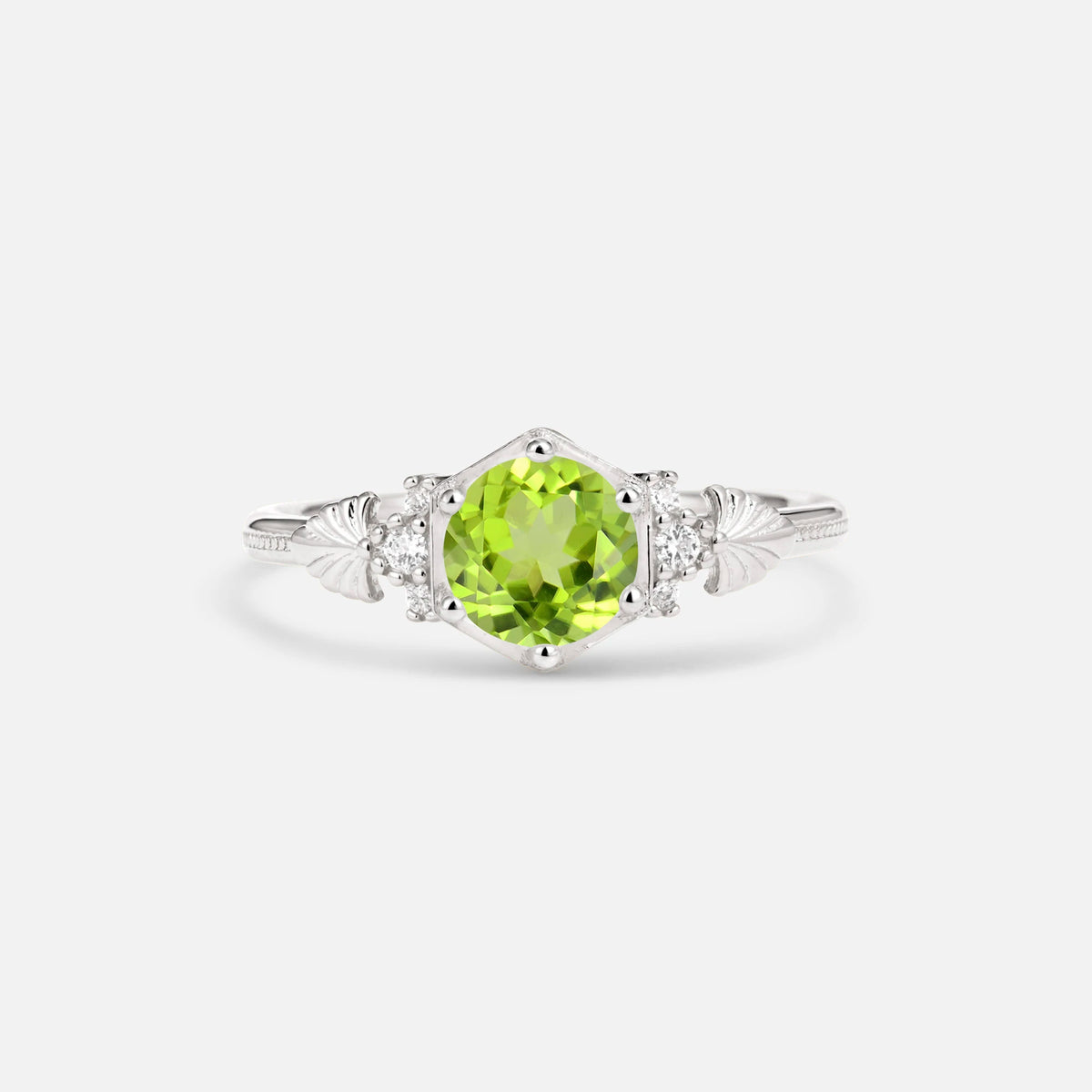 Round Cut Peridot Engagement Ring with Floral Side Stone Detail - Additional view