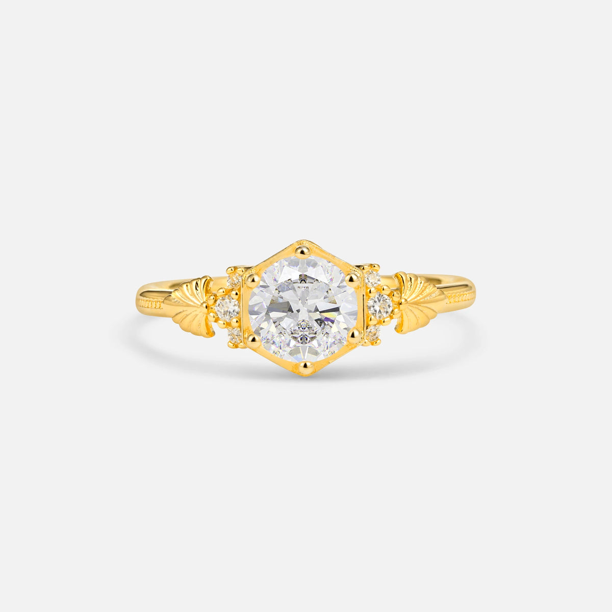 Round Cut Moissanite Engagement Ring with Floral Side Stone Detail - Additional view