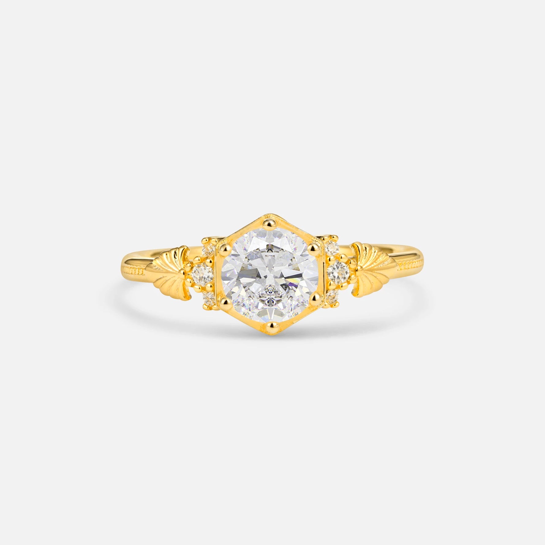 Round Cut Moissanite Engagement Ring with Floral Side Stone Detail - Additional view