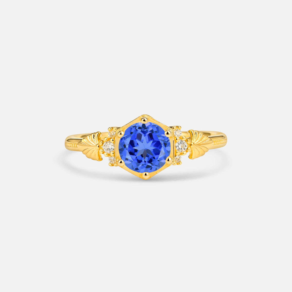 Round Cut Sapphire Engagement Ring with Floral Side Stone Detail - Additional view