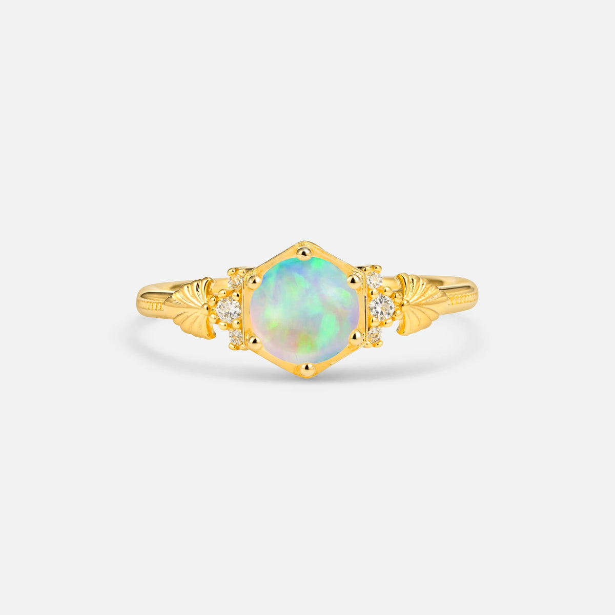 Round Cut Fire Opal Engagement Ring with Floral Side Stone Detail - Additional view