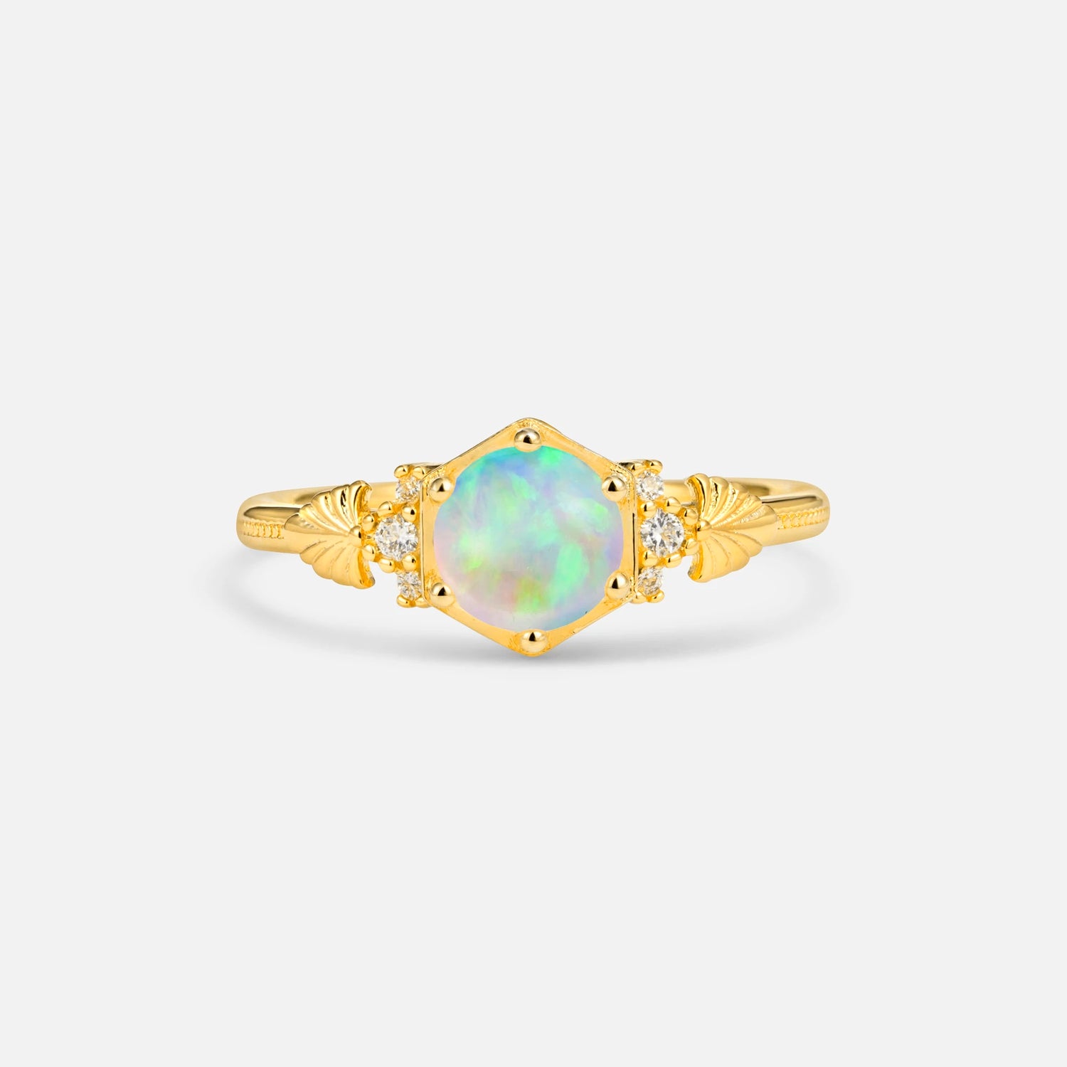 Round Cut Fire Opal Engagement Ring with Floral Side Stone Detail - Additional view