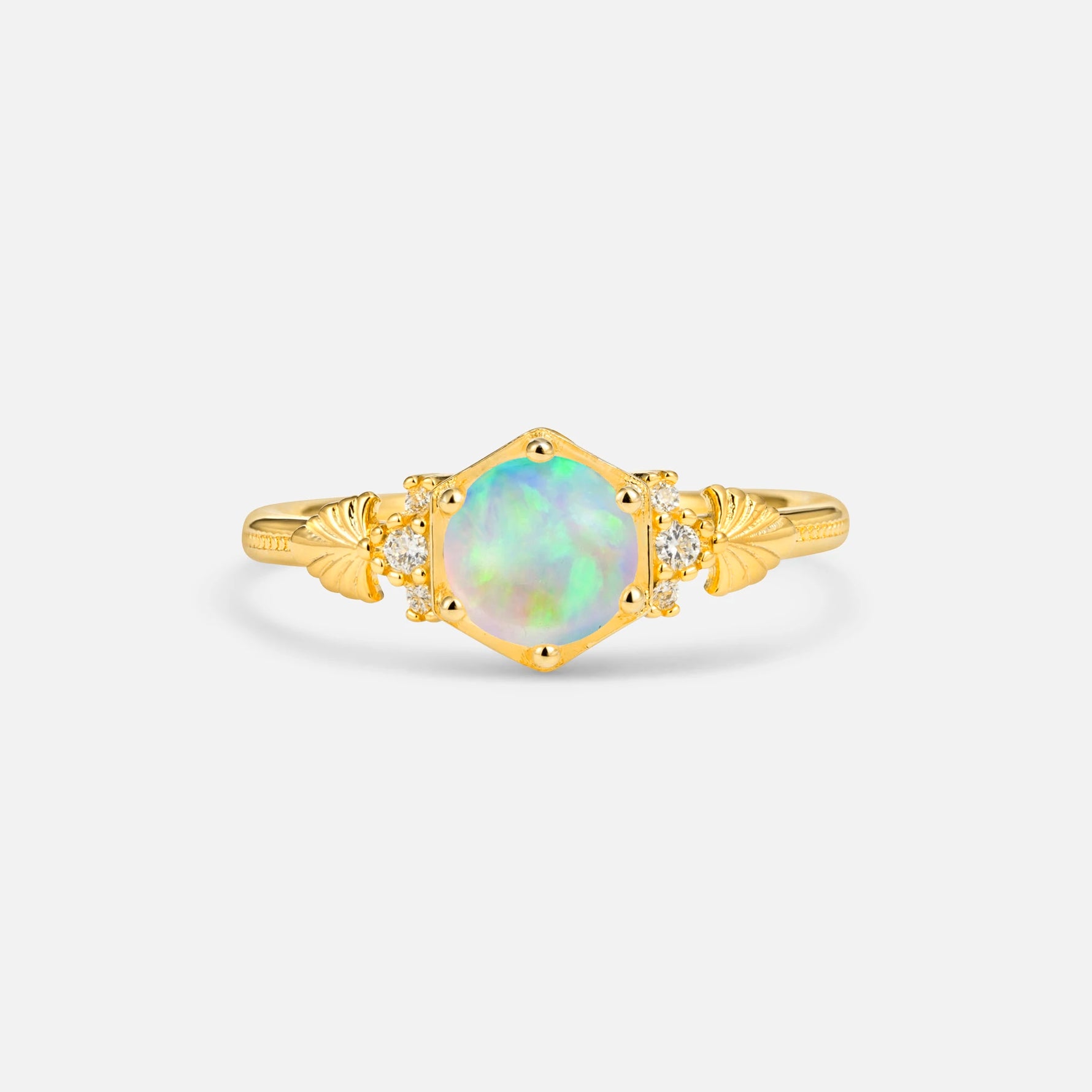 Round Cut Fire Opal Engagement Ring with Floral Side Stone Detail - Additional view