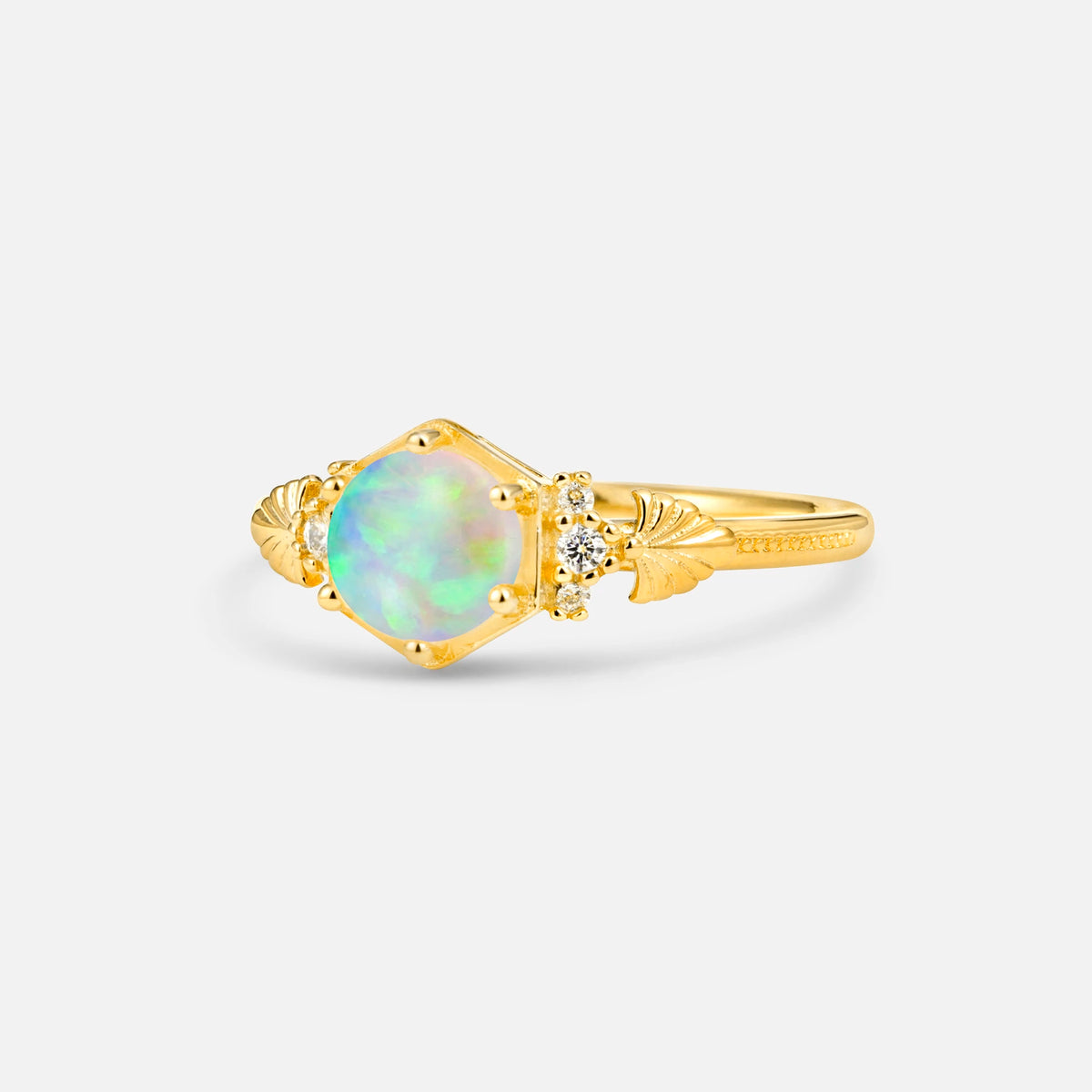 Round Cut Fire Opal Engagement Ring with Floral Side Stone Detail - Additional view