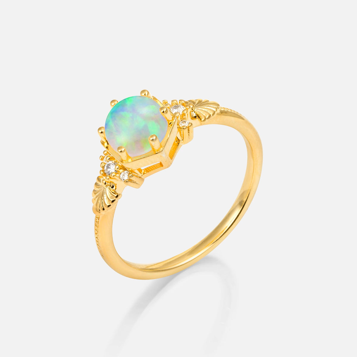 Round Cut Fire Opal Engagement Ring with Floral Side Stone Detail - Additional view