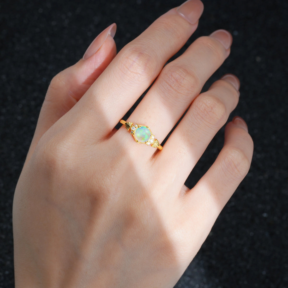 Round Cut Fire Opal Engagement Ring with Floral Side Stone Detail - Additional view