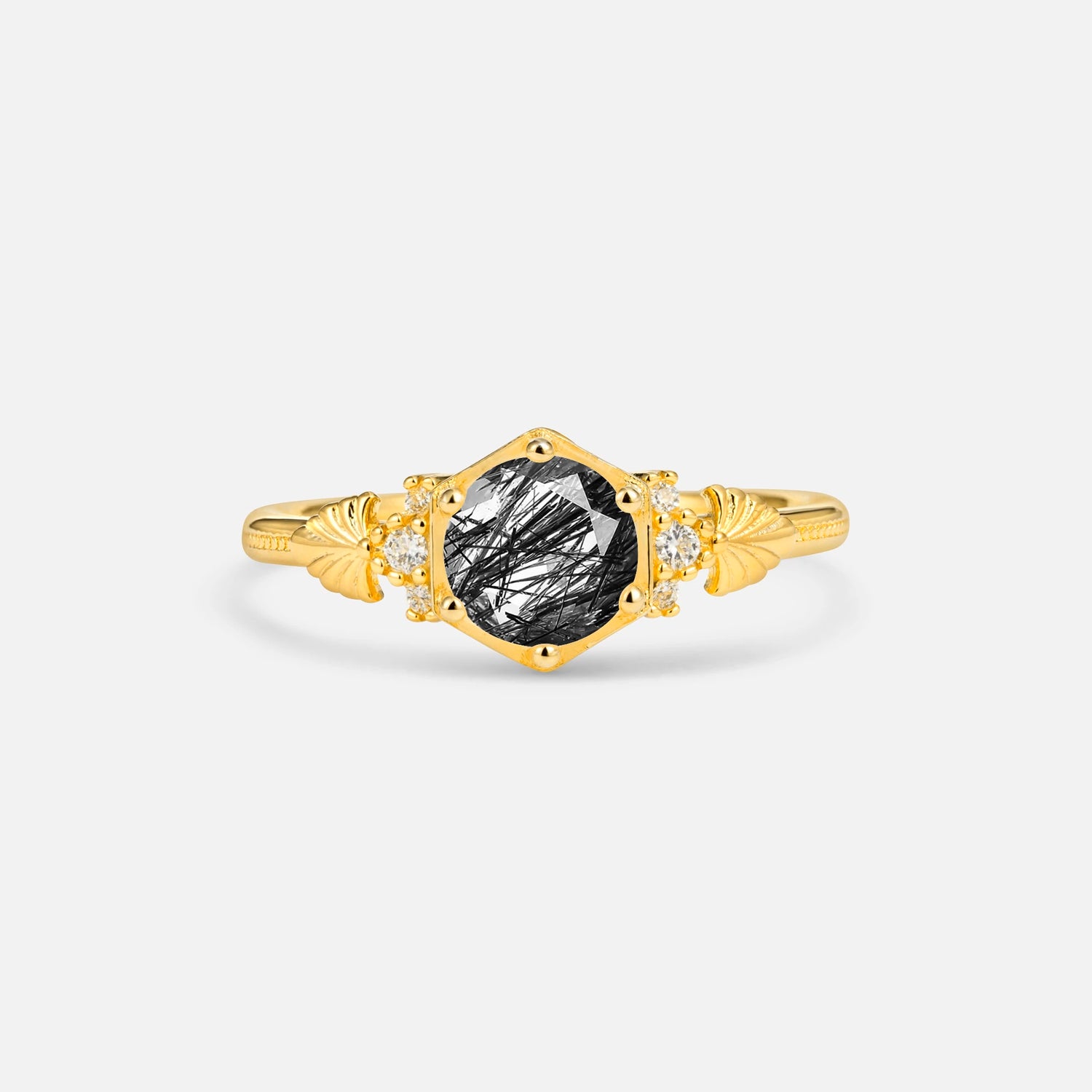 Round Cut Black Rutilated Quartz Engagement Ring with Floral Side Stone Detail - Additional view