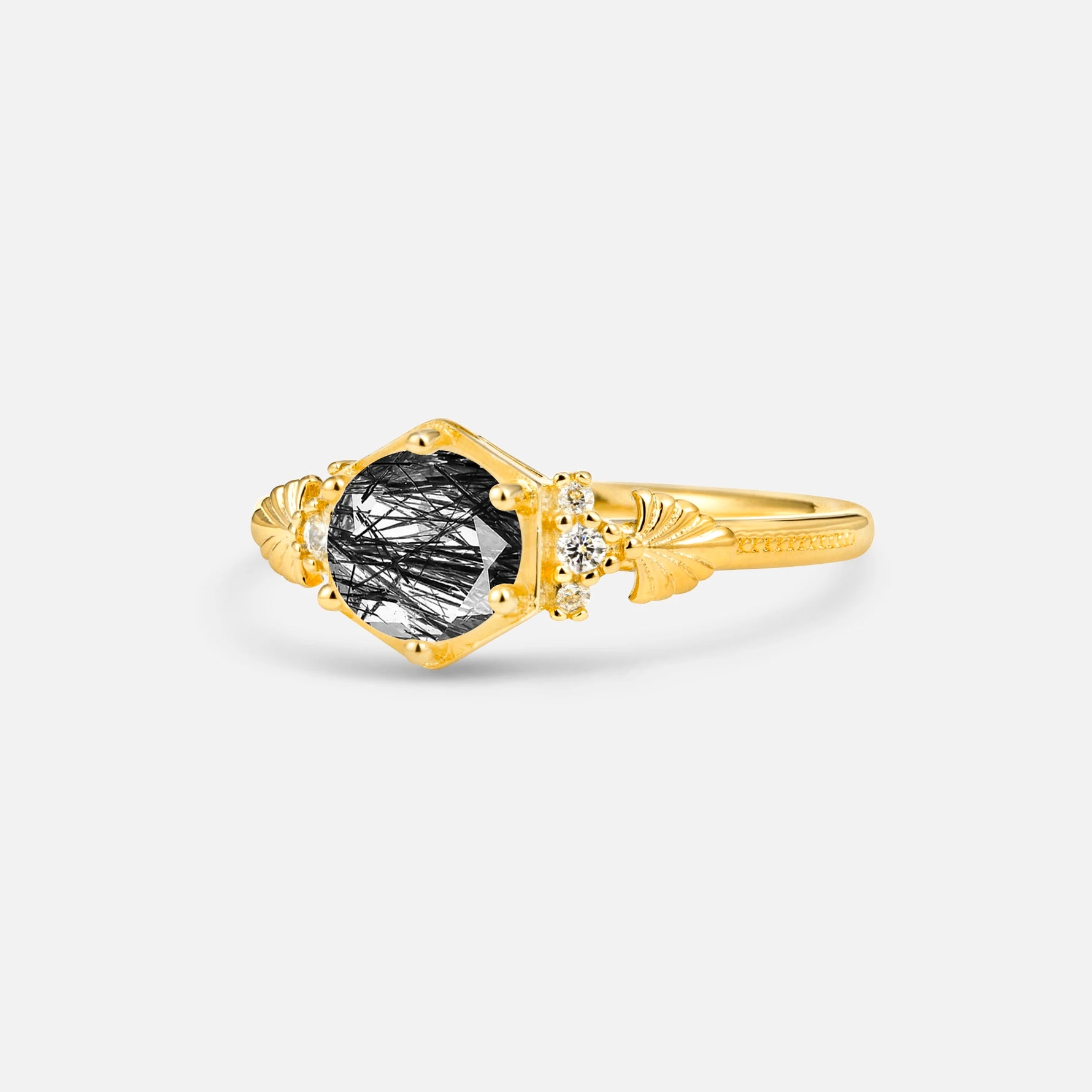 Round Cut Black Rutilated Quartz Engagement Ring with Floral Side Stone Detail - Additional view