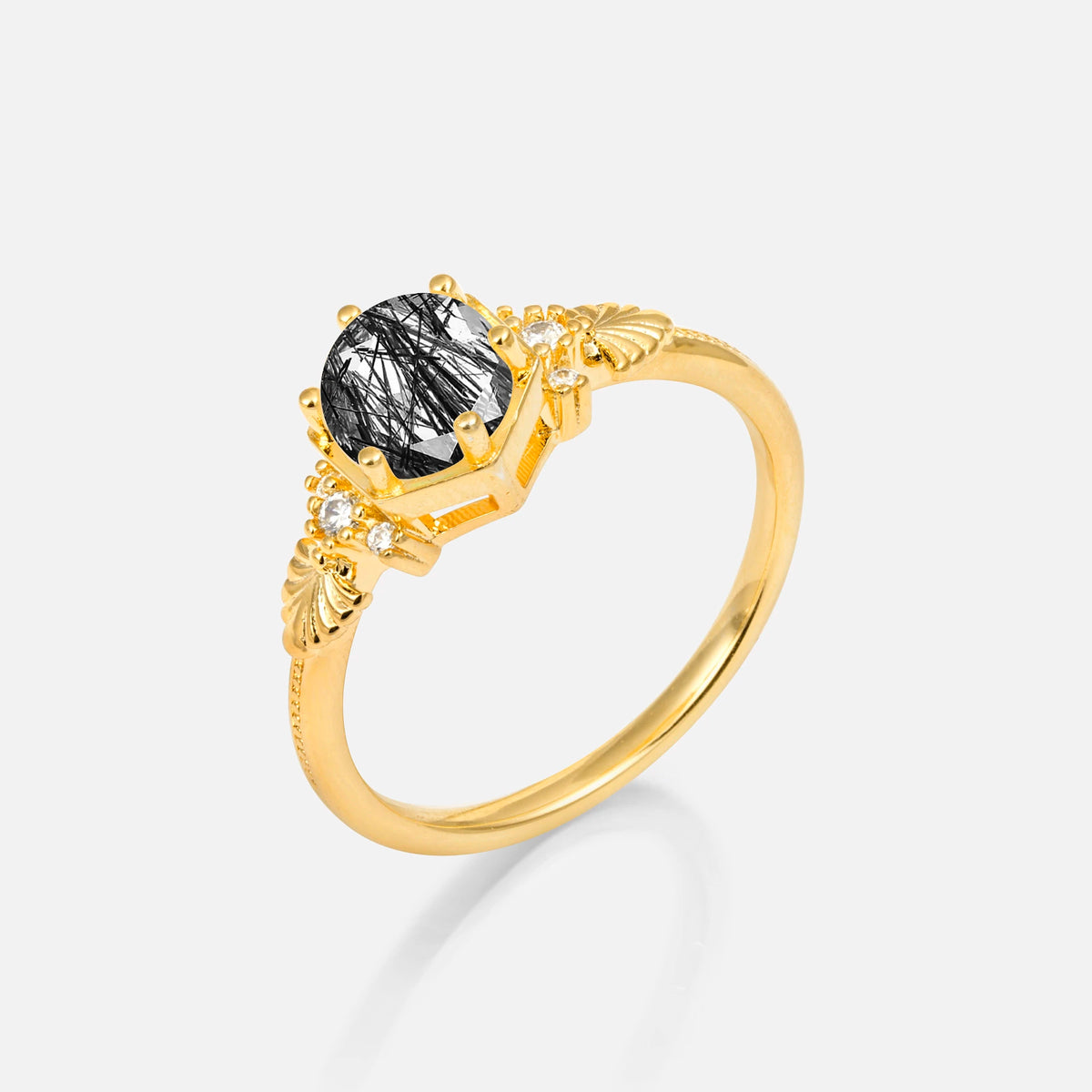 Round Cut Black Rutilated Quartz Engagement Ring with Floral Side Stone Detail - Additional view
