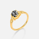 Round Cut Black Rutilated Quartz Engagement Ring with Floral Side Stone Detail - Additional view