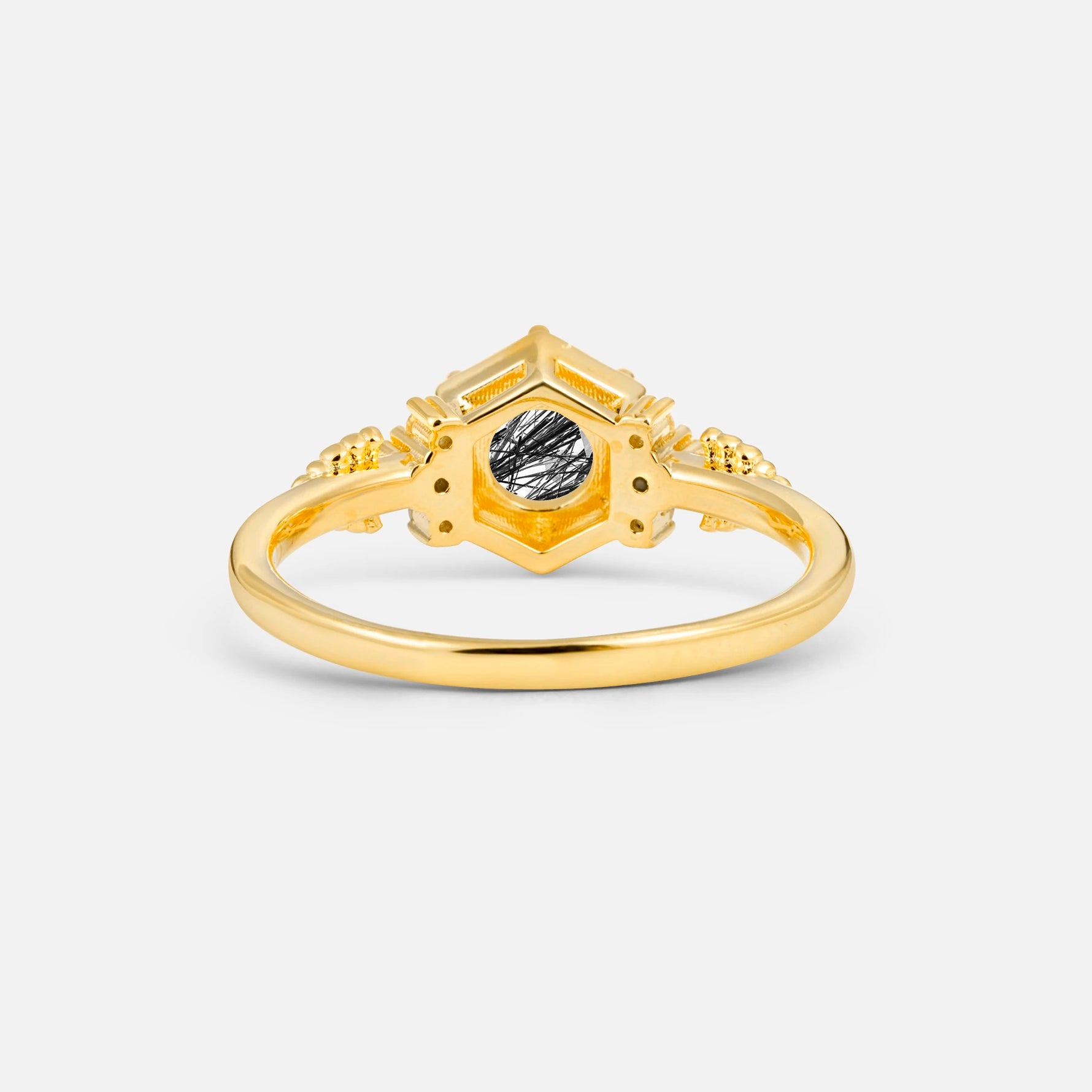 Round Cut Black Rutilated Quartz Engagement Ring with Floral Side Stone Detail - Additional view