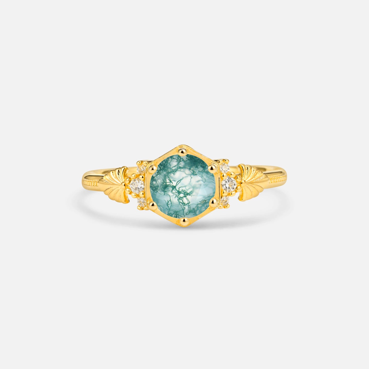 Round Cut Moss Agate Engagement Ring with Floral Side Stone Detail - Additional view