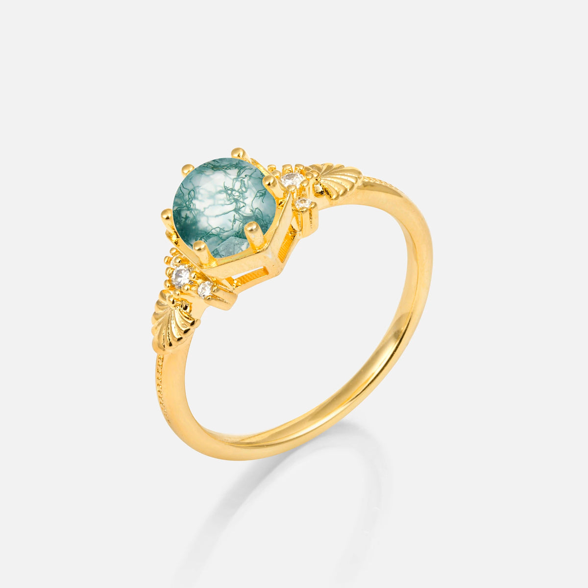 Round Cut Moss Agate Engagement Ring with Floral Side Stone Detail - Additional view