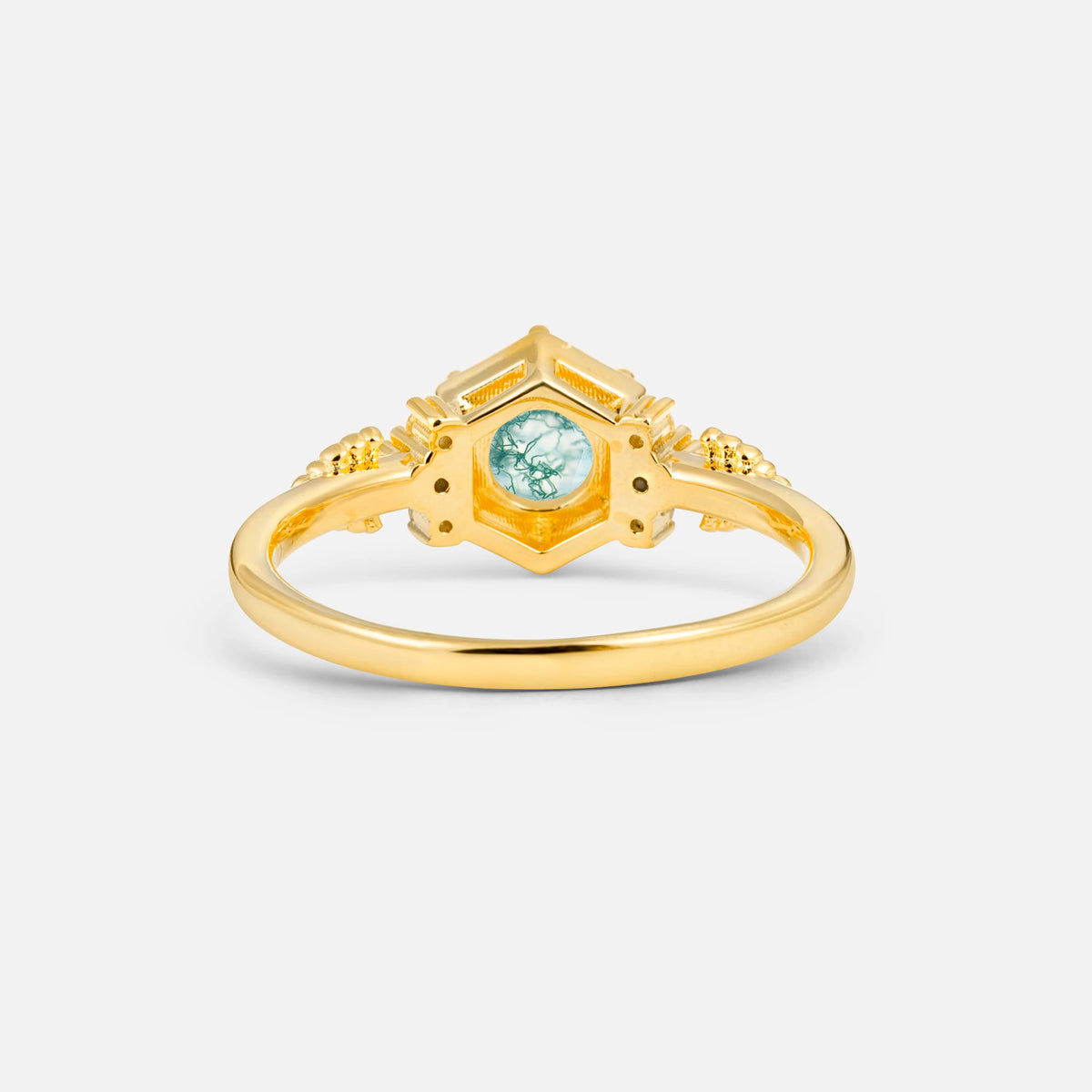 Round Cut Moss Agate Engagement Ring with Floral Side Stone Detail - Additional view