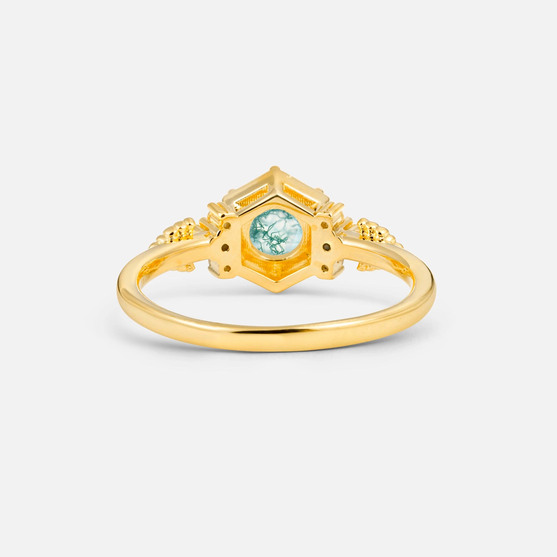 Round Cut Moss Agate Engagement Ring with Floral Side Stone Detail - Additional view