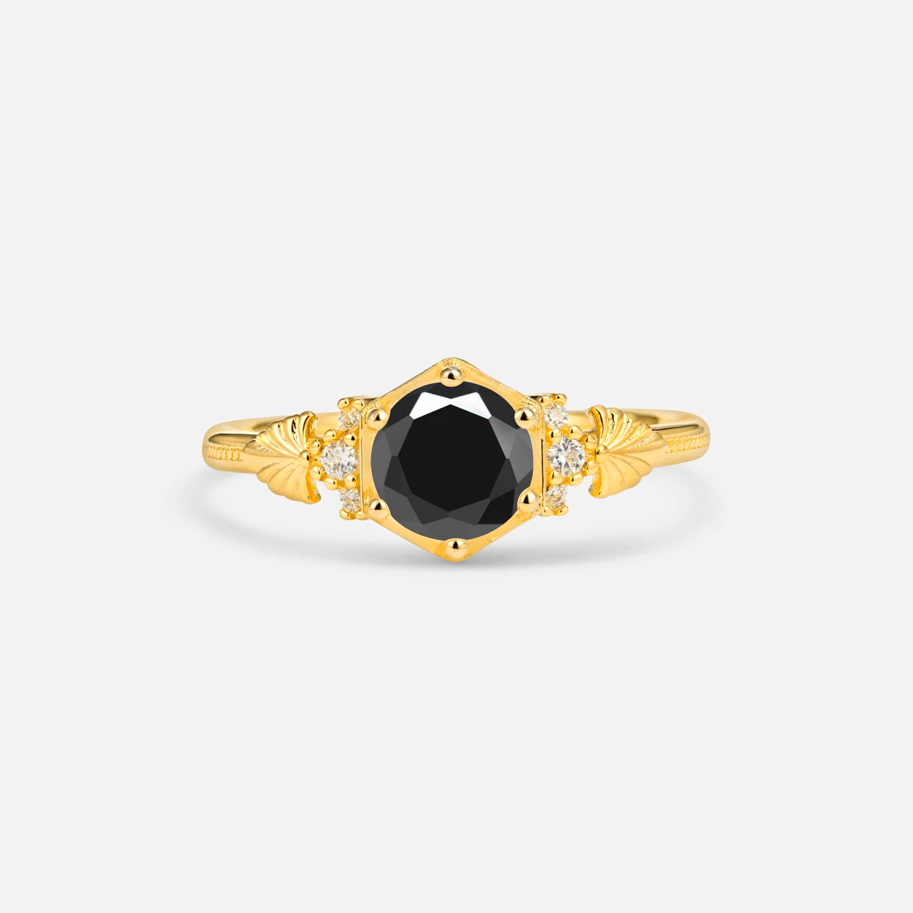 Round Cut Black Onyx Engagement Ring with Floral Side Stone Detail - Additional view