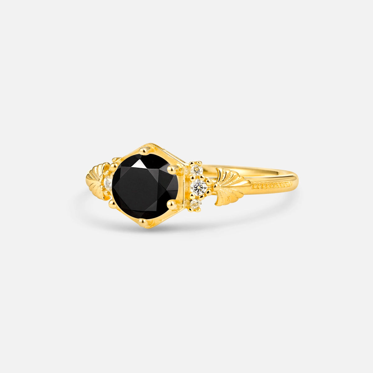 Round Cut Black Onyx Engagement Ring with Floral Side Stone Detail - Additional view