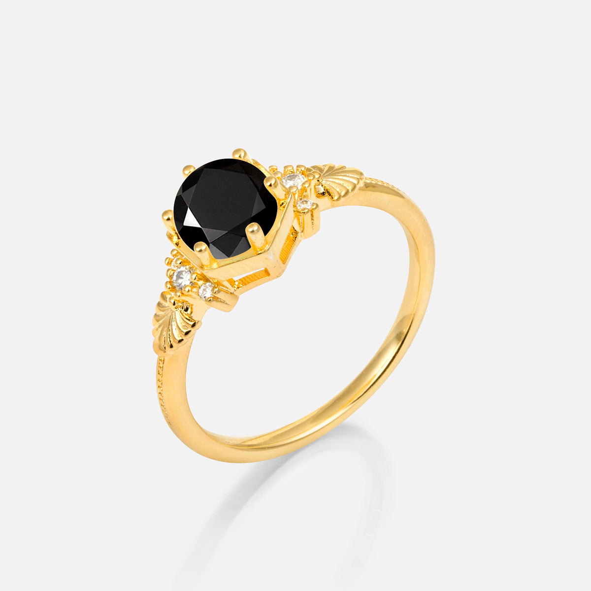 Round Cut Black Onyx Engagement Ring with Floral Side Stone Detail - Additional view