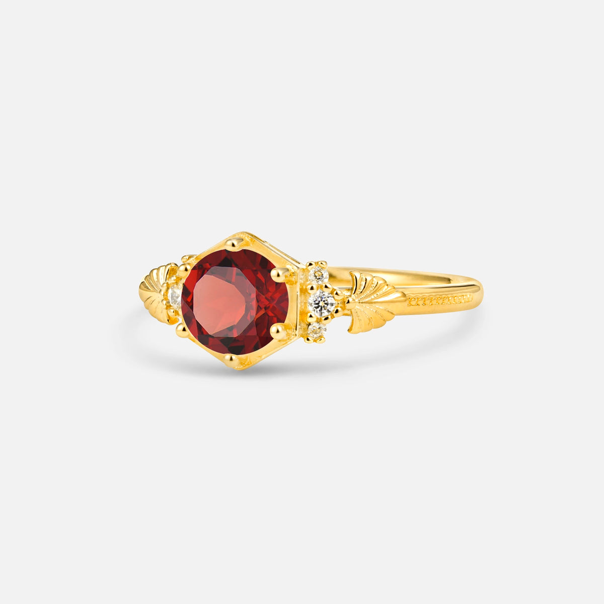 Round Cut Garnet Engagement Ring with Floral Side Stone Detail - Additional view