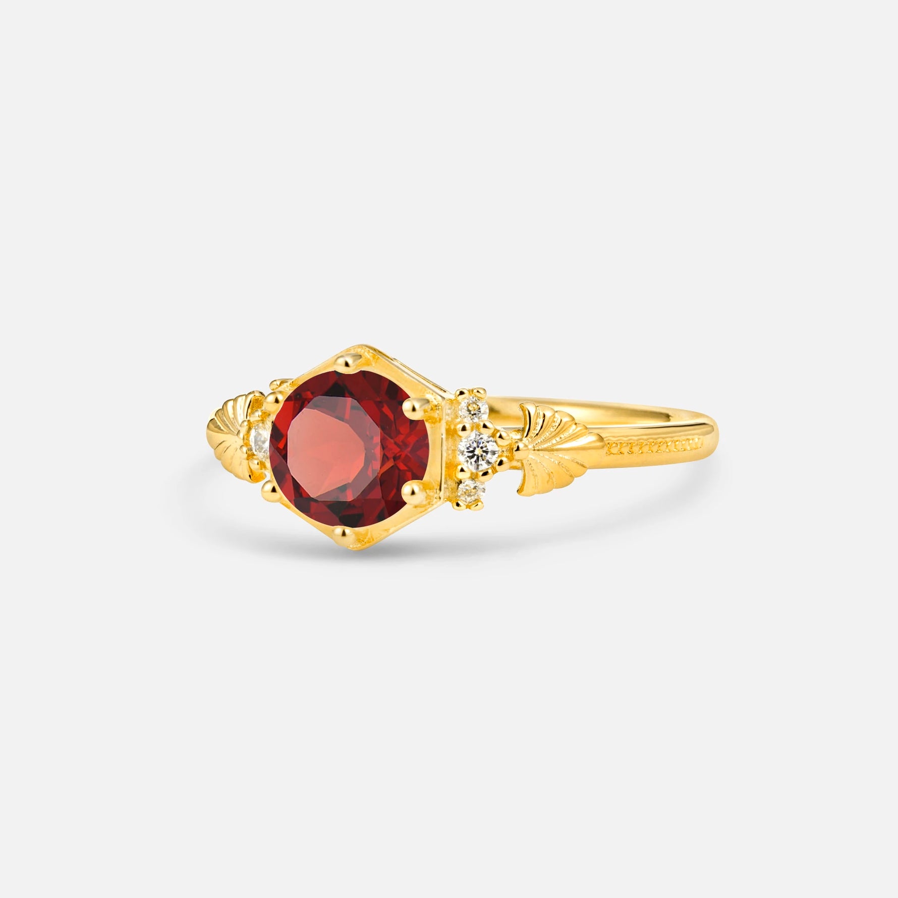 Round Cut Garnet Engagement Ring with Floral Side Stone Detail - Additional view