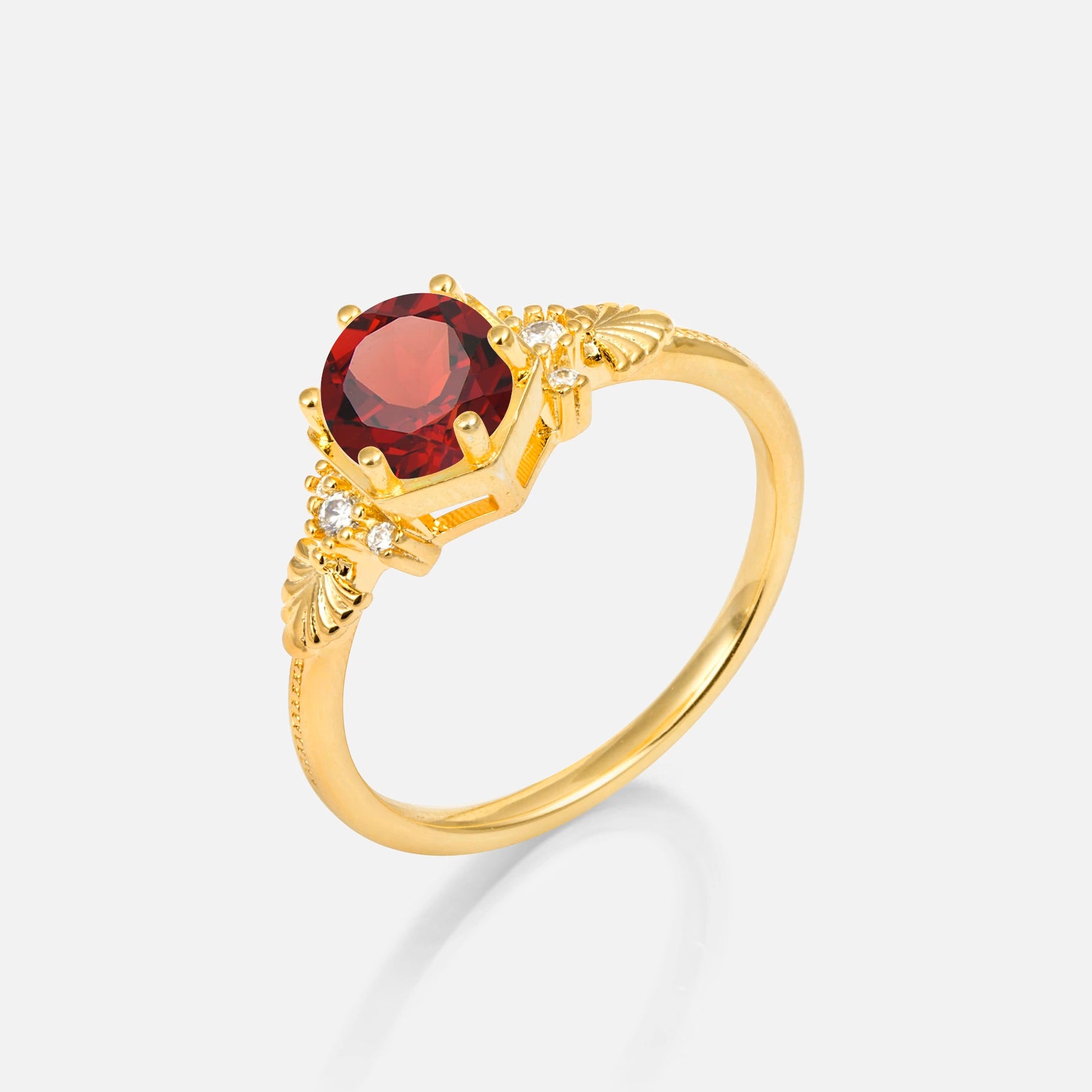 Round Cut Garnet Engagement Ring with Floral Side Stone Detail - Additional view