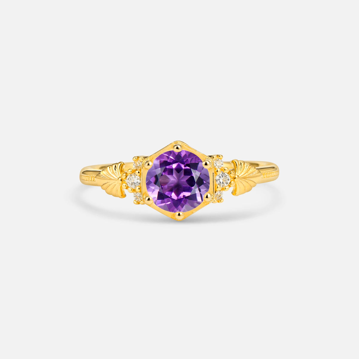 Round Cut Amethyst Engagement Ring with Floral Side Stone Detail - Additional view