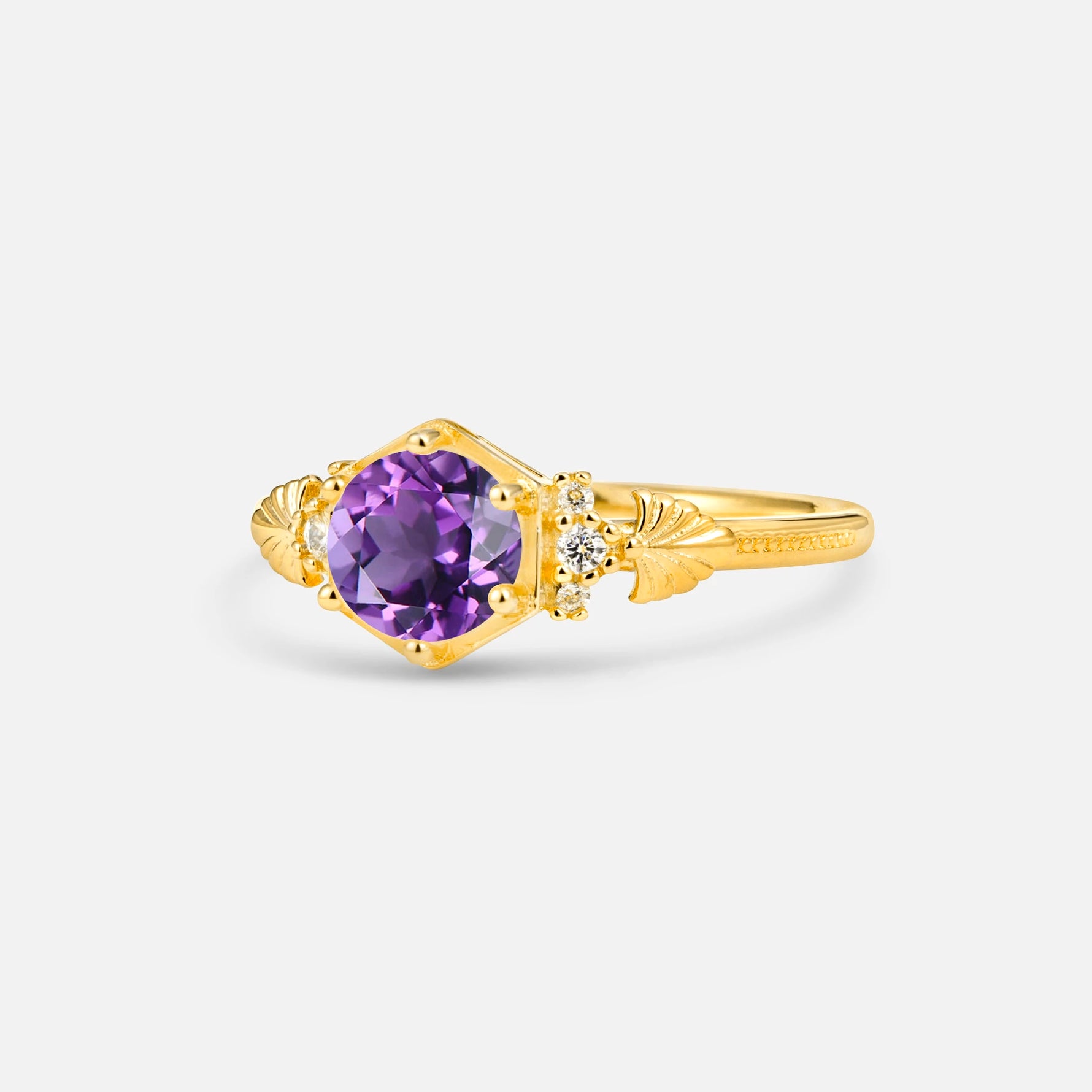 Round Cut Amethyst Engagement Ring with Floral Side Stone Detail - Additional view