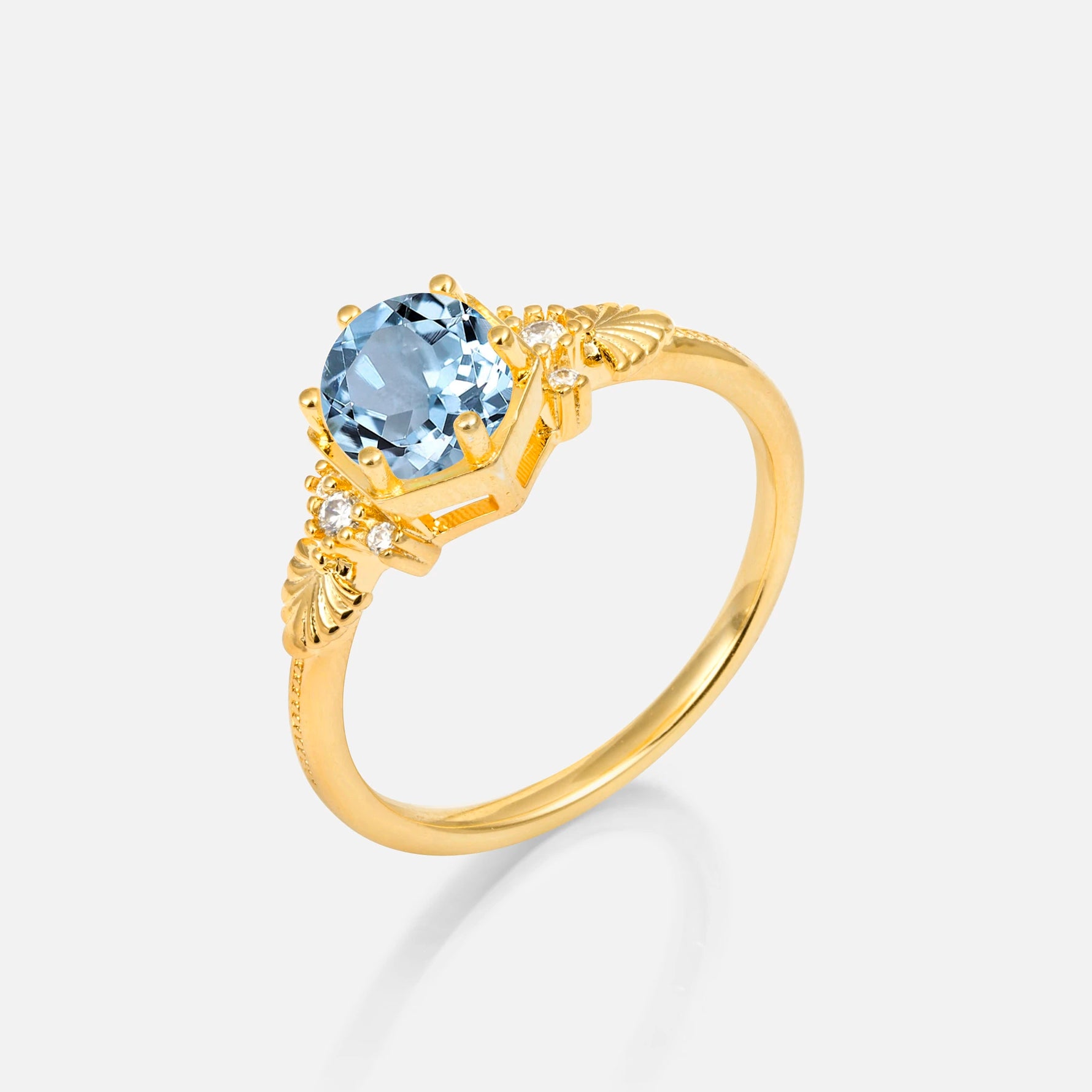 Round Cut Aquamarine Engagement Ring with Floral Side Stone Detail - Additional view