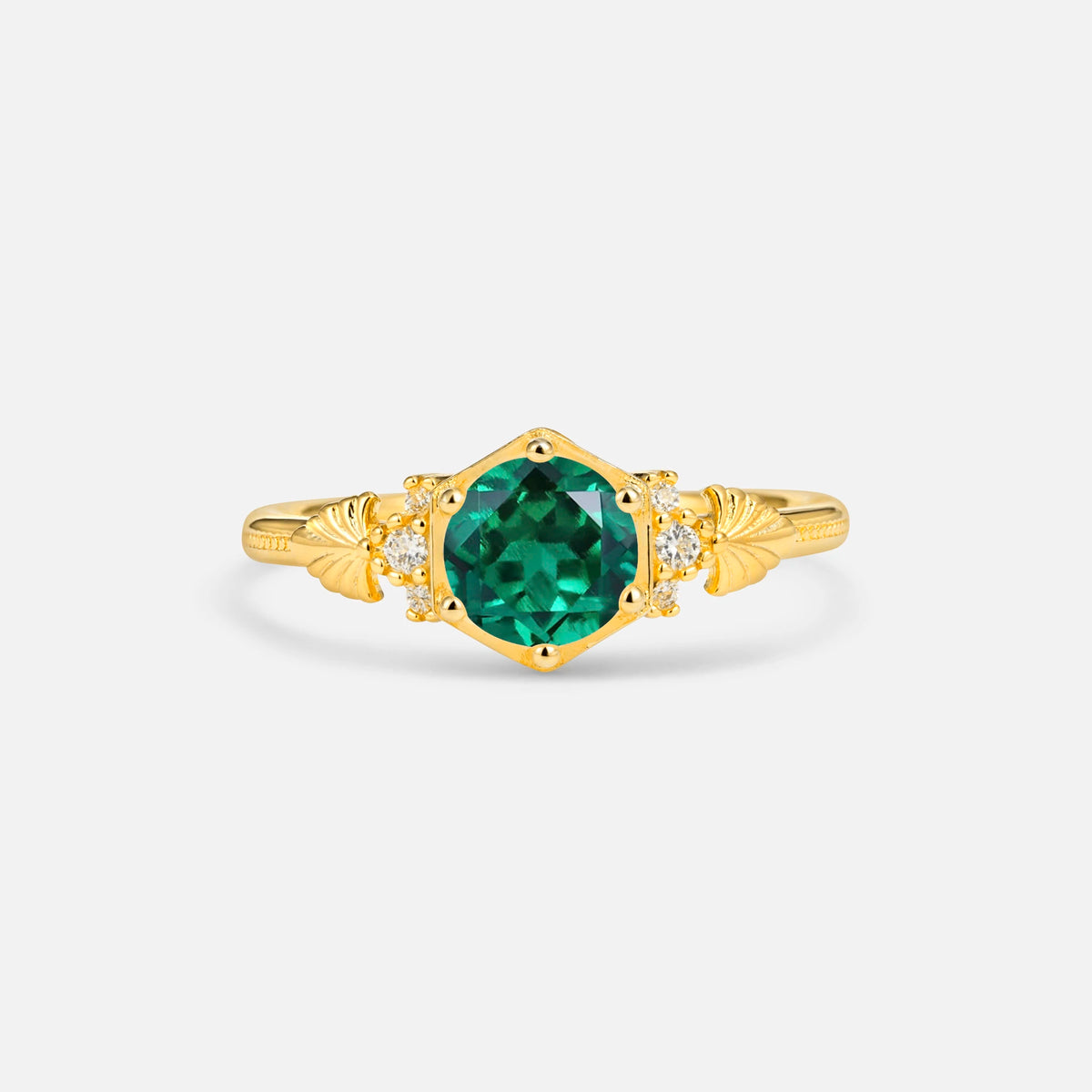 Round Cut Emerald Engagement Ring with Floral Side Stone Detail - Additional view
