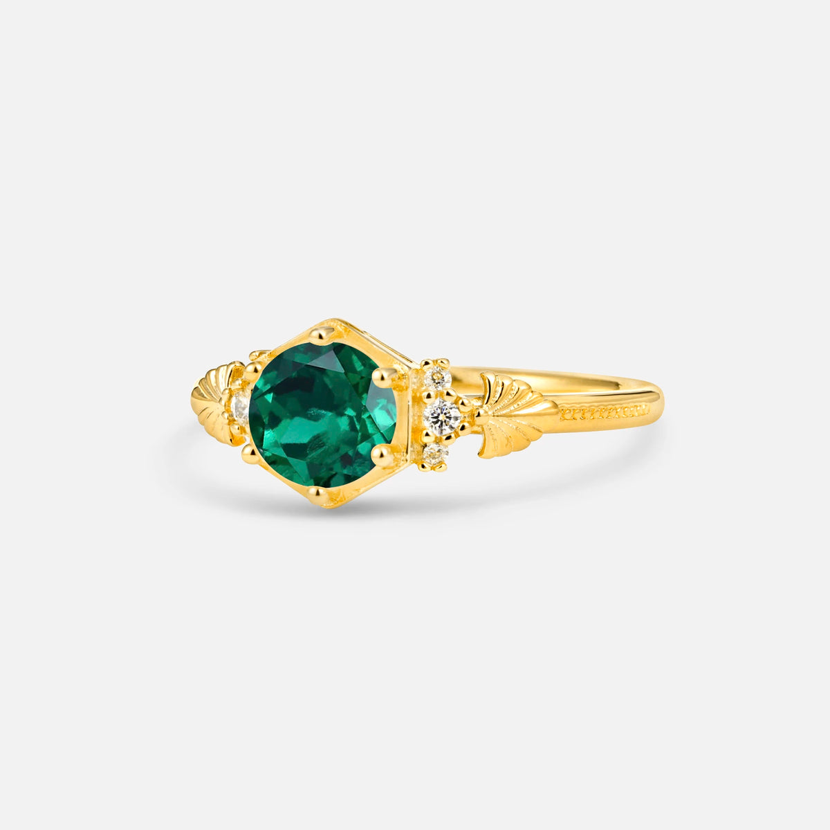 Round Cut Emerald Engagement Ring with Floral Side Stone Detail - Additional view