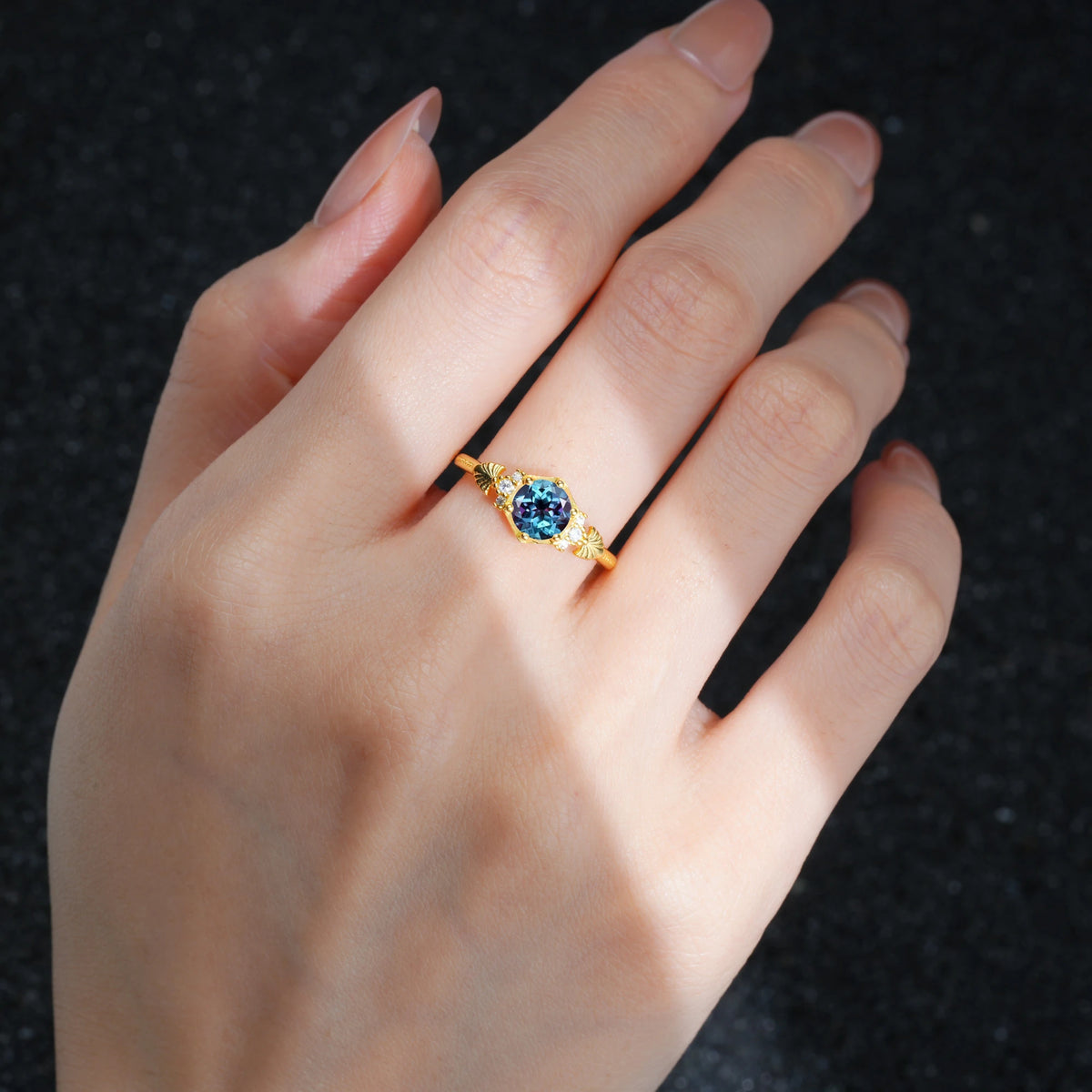 Round Cut Alexandrite Engagement Ring with Floral Side Stone Detail - Additional view