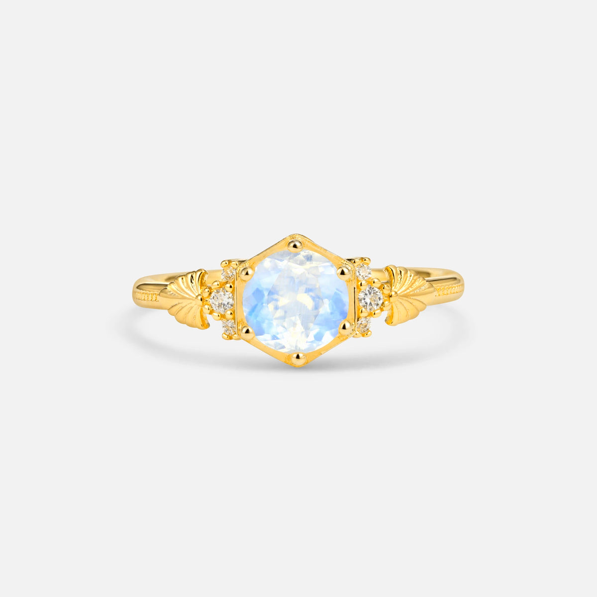 Round Cut Moonstone Engagement Ring with Floral Side Stone Detail - Additional view