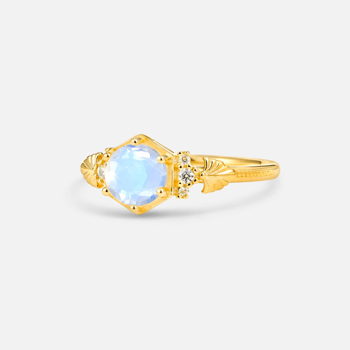 Round Cut Moonstone Engagement Ring with Floral Side Stone Detail - Additional view