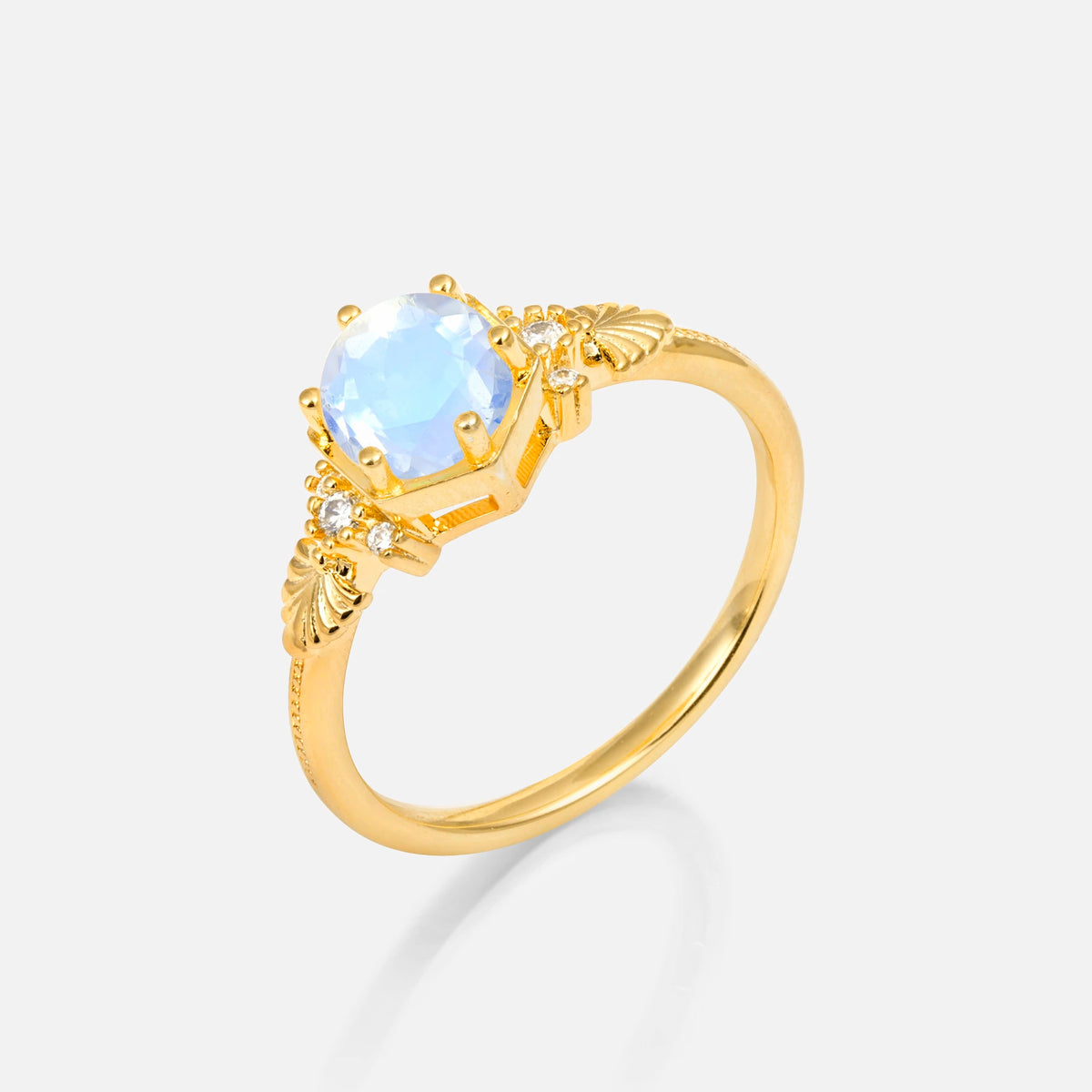 Round Cut Moonstone Engagement Ring with Floral Side Stone Detail - Additional view