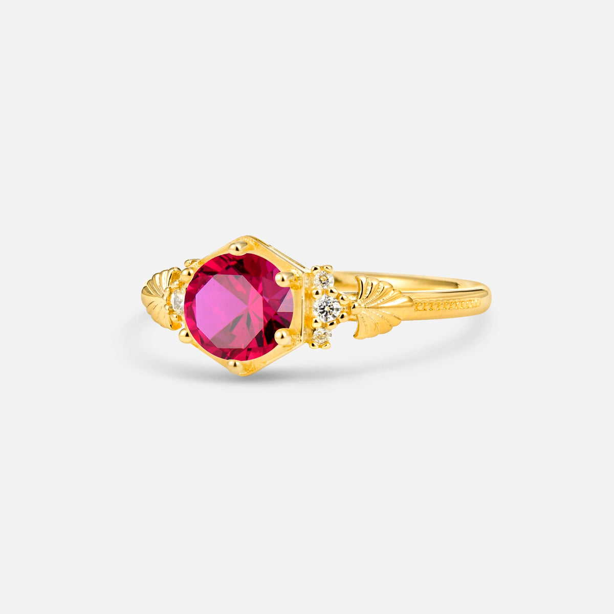 Round Cut Ruby Engagement Ring with Floral Side Stone Detail - Additional view