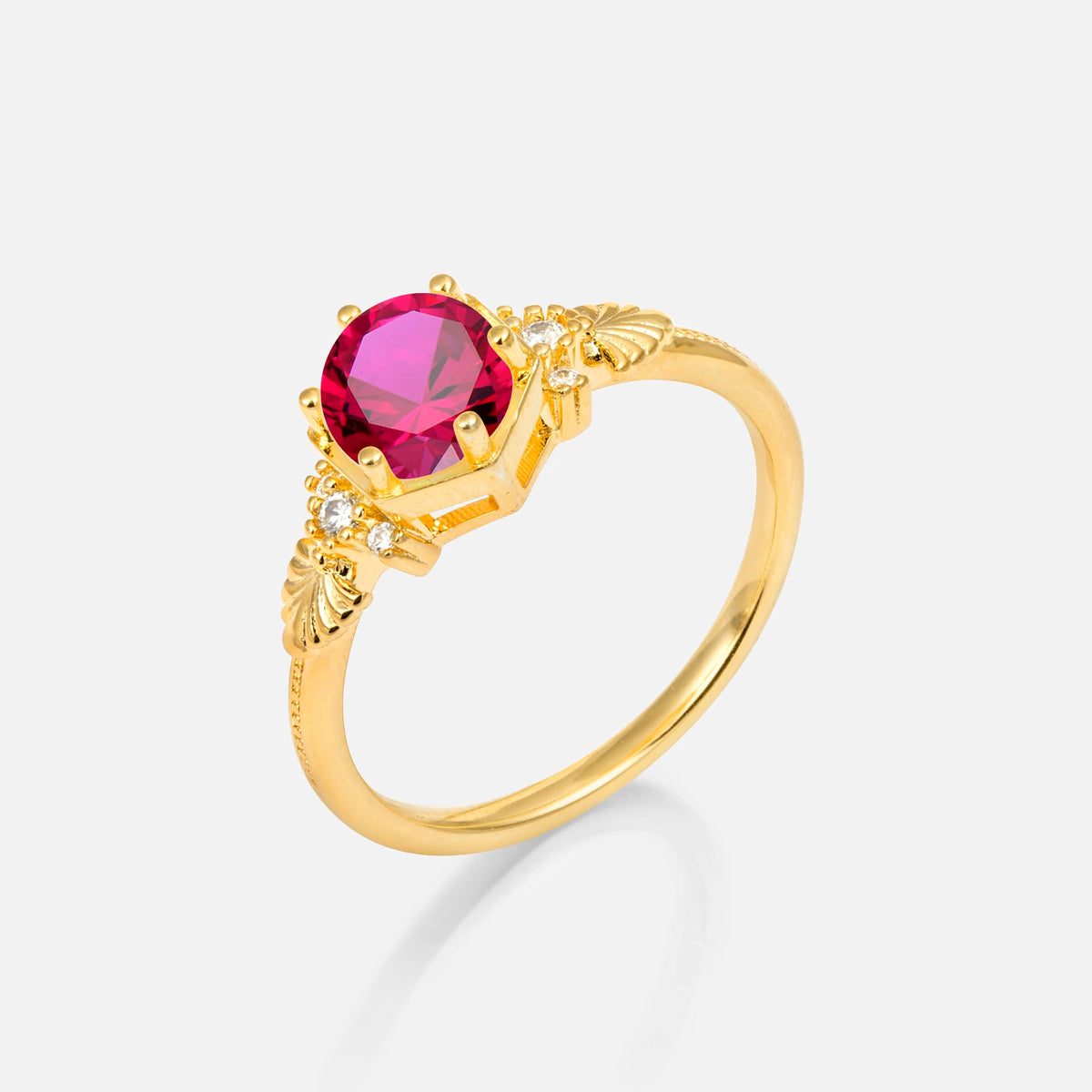 Round Cut Ruby Engagement Ring with Floral Side Stone Detail - Additional view