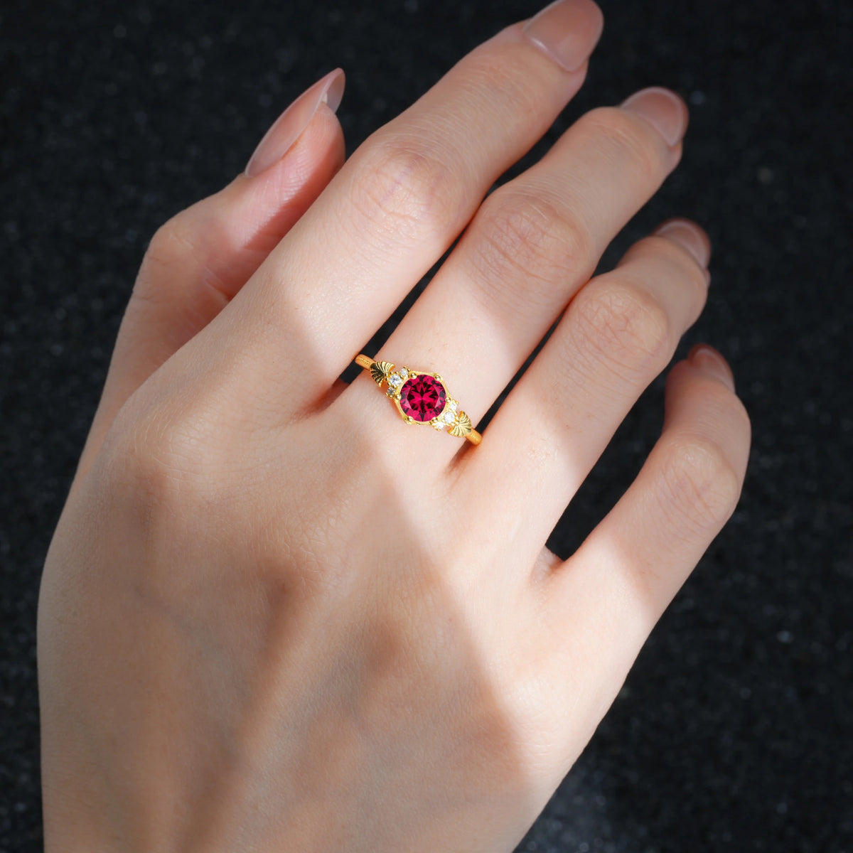 Round Cut Ruby Engagement Ring with Floral Side Stone Detail - Additional view