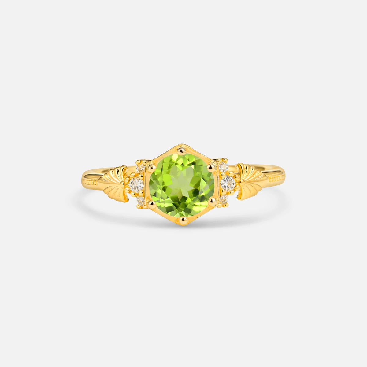 Round Cut Peridot Engagement Ring with Floral Side Stone Detail - Additional view