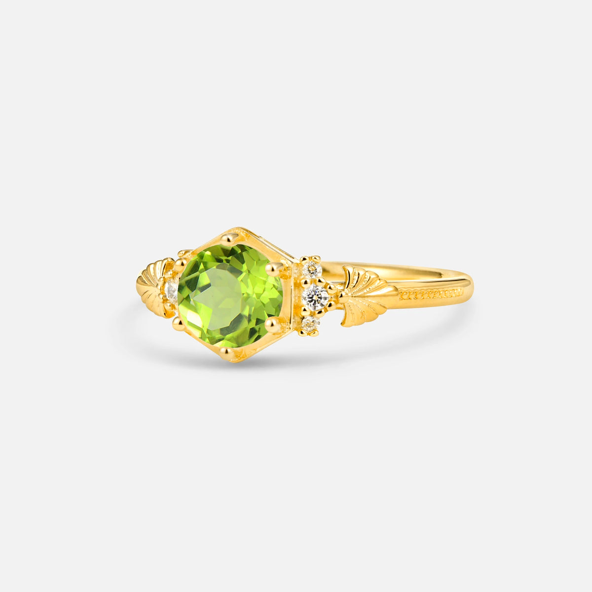 Round Cut Peridot Engagement Ring with Floral Side Stone Detail - Additional view