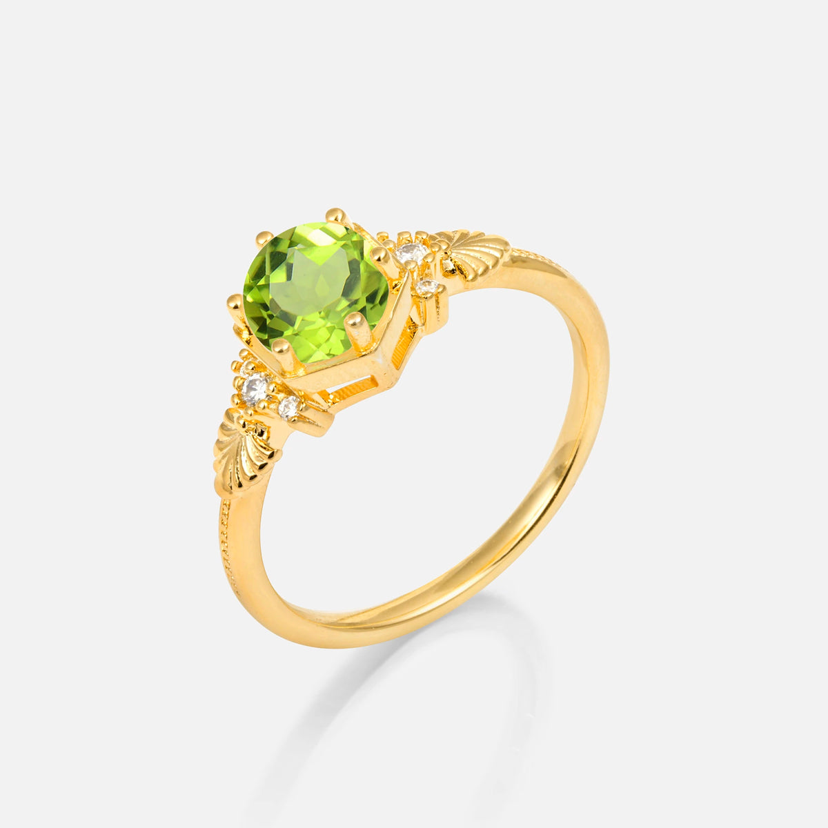 Round Cut Peridot Engagement Ring with Floral Side Stone Detail - Additional view
