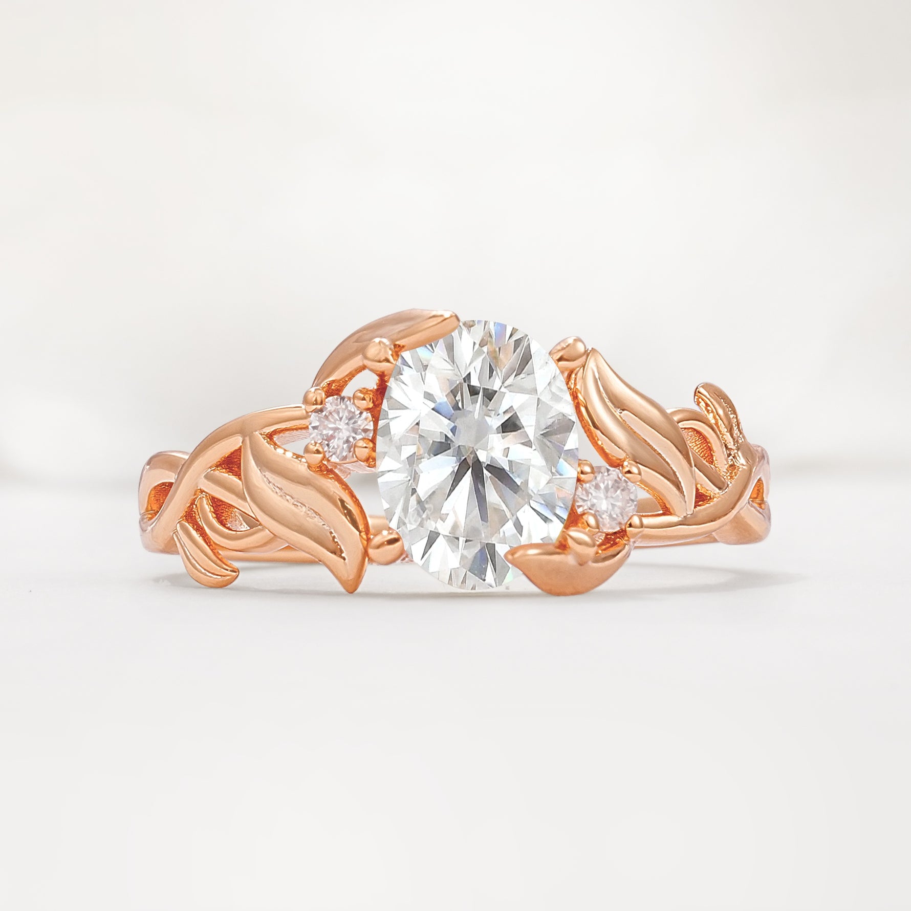 Natural Inspired Oval Cut Leaf Vine Side Stone Moissanite Engagement Ring - Additional view