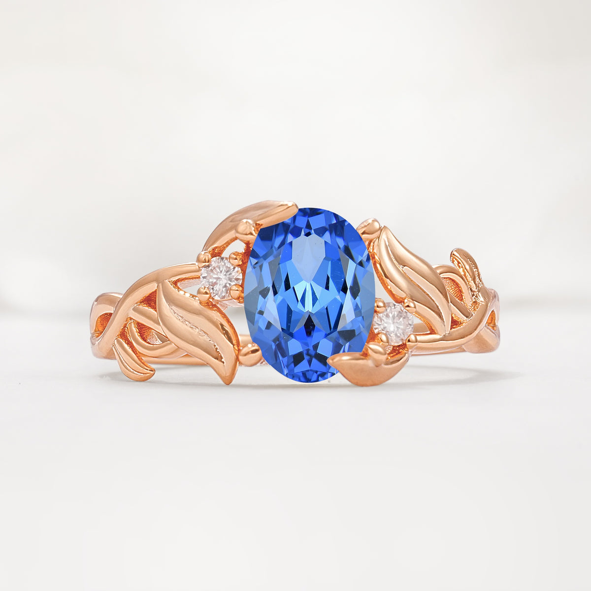 Natural Inspired Oval Cut Leaf Vine Side Stone Sapphire Engagement Ring - Additional view